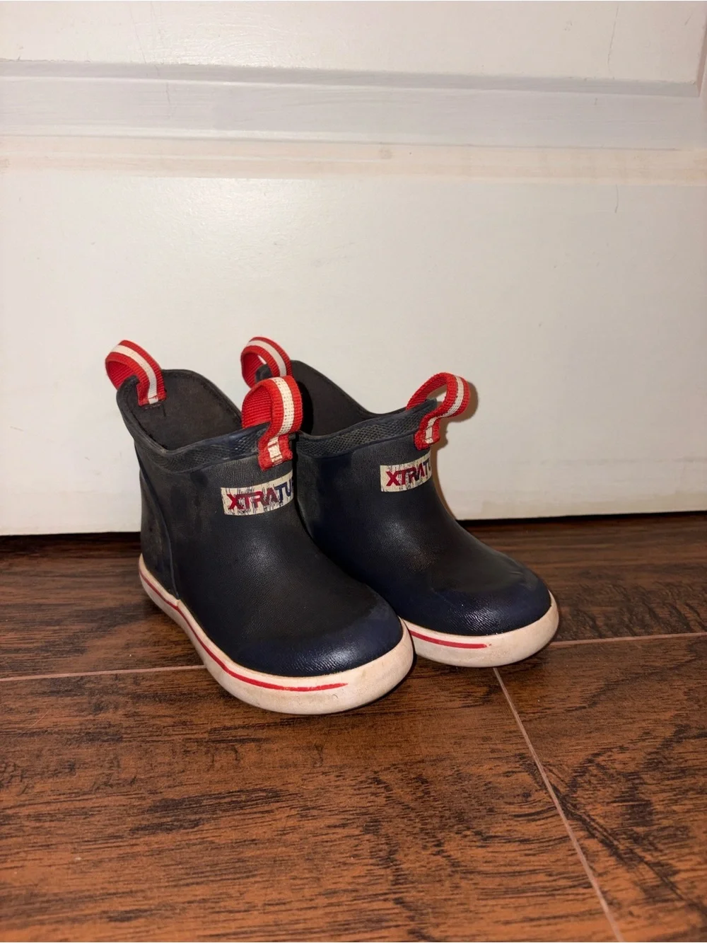 XTRATUF Kids c8 or c9 Navy Waterproof Rain & Snow Boot (Red Trim)